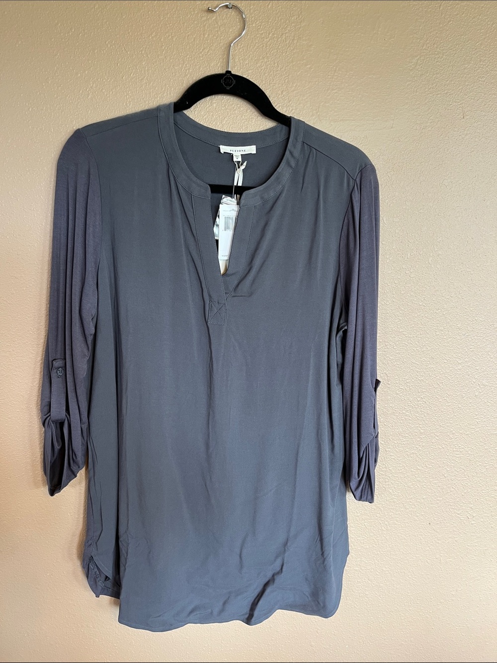 Pleione Dark Gray Split-Neck Roll-Tab Sleeve Tunic